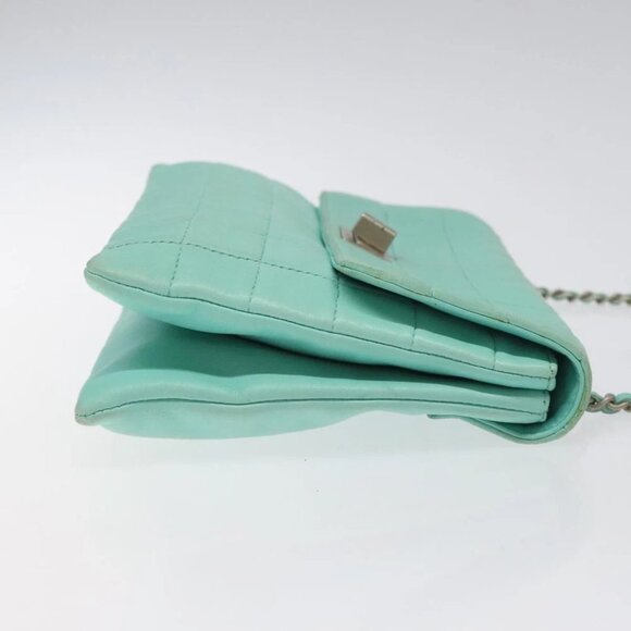 CHANEL Chain Choco Bar Shoulder Bag Lamb Skin Light Blue Silver CC Auth 126604 - Picture 7 of 15